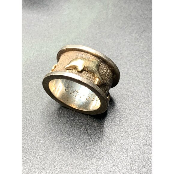 Dolphin Ring Wide 14k Gold 925 Sterling Wide Band Size 8.75 Textured Chunky Ring - Picture 2 of 8